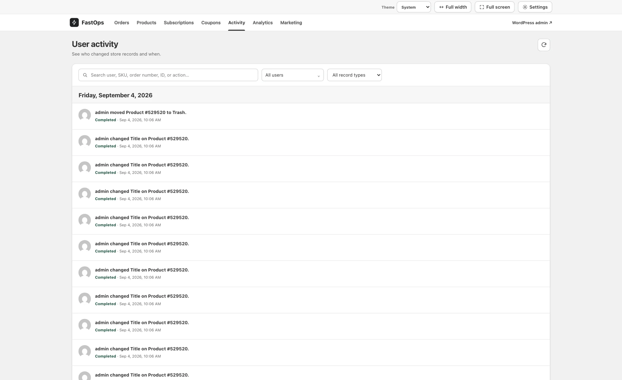 The Activity page listing changes made by a user, grouped by day, with the search and filter controls.