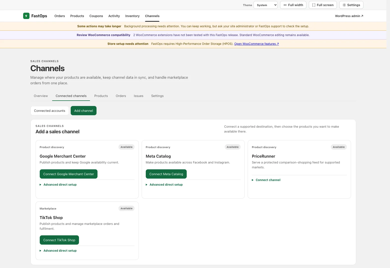 The Add a sales channel screen with Google Merchant Center, Meta Catalog, PriceRunner and TikTok Shop.