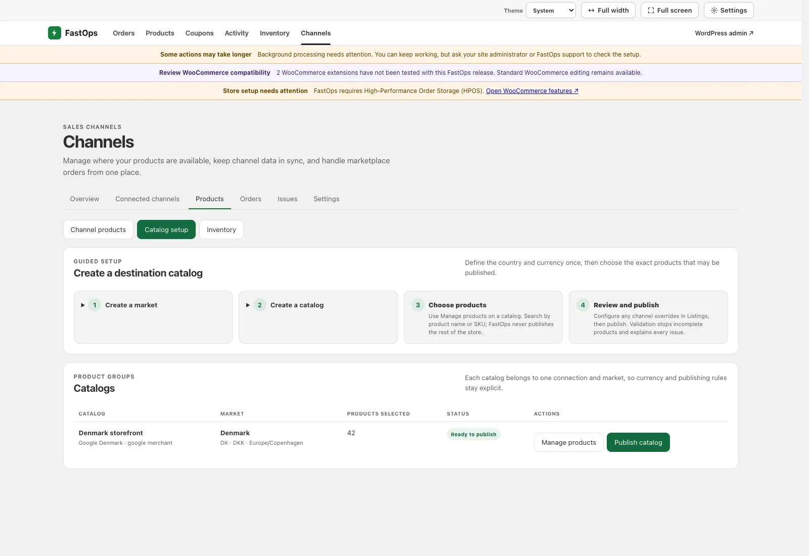 Catalog setup with a four-stage guide and a Denmark catalog ready to publish.