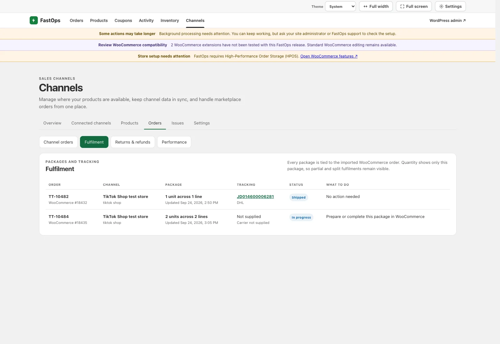 Channel fulfilment showing a shipped package with tracking and another package still in progress.