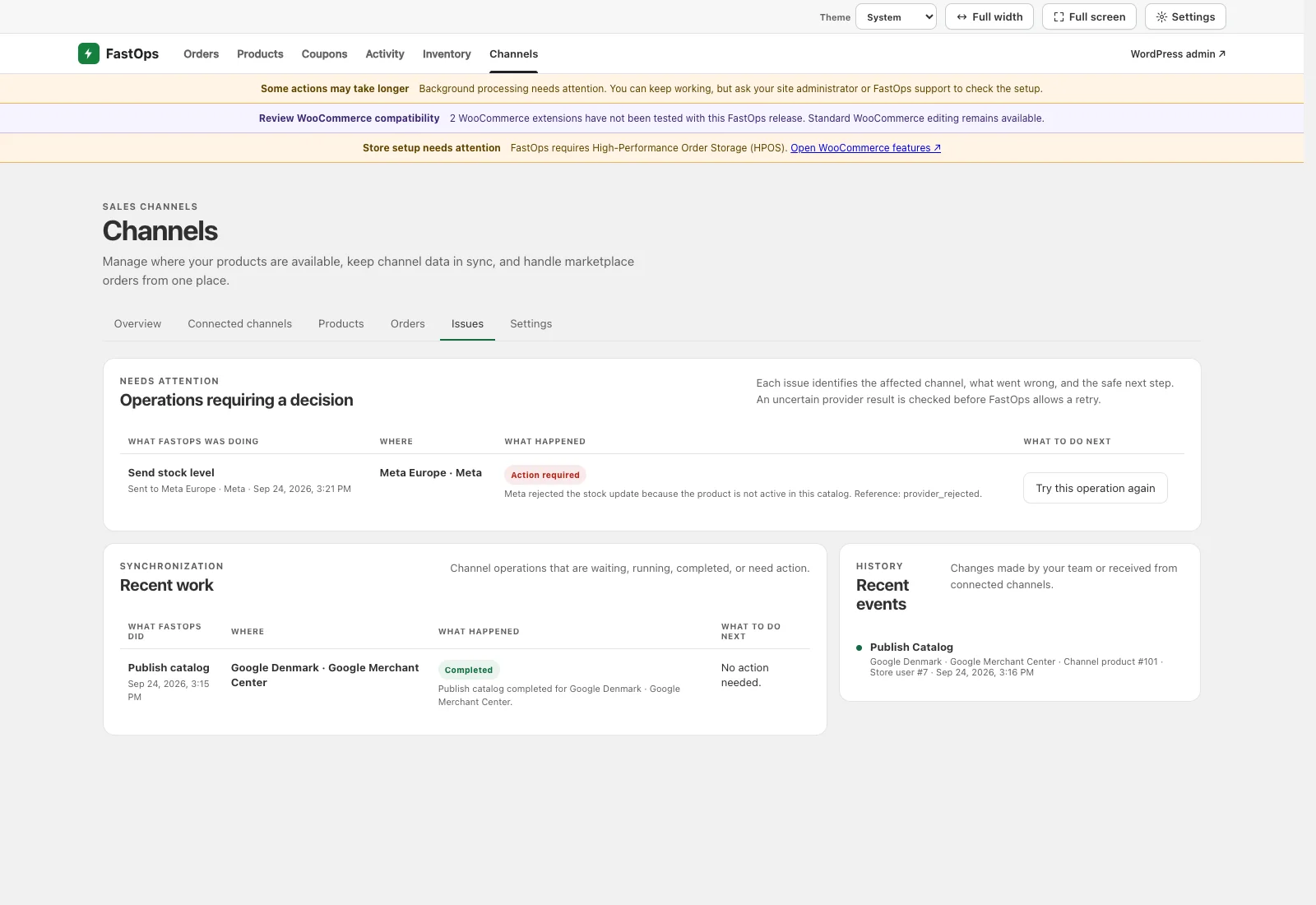 The Channels Issues screen explaining a rejected stock update, a completed catalog publication and a recent event.