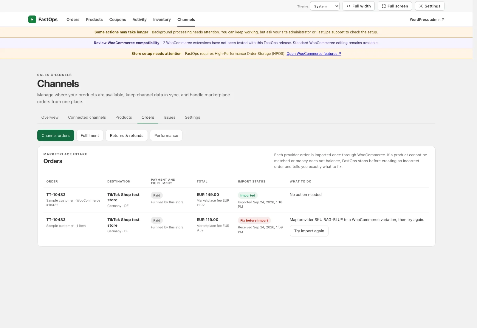 Marketplace orders showing one imported TikTok Shop order and one order stopped for a missing SKU mapping.