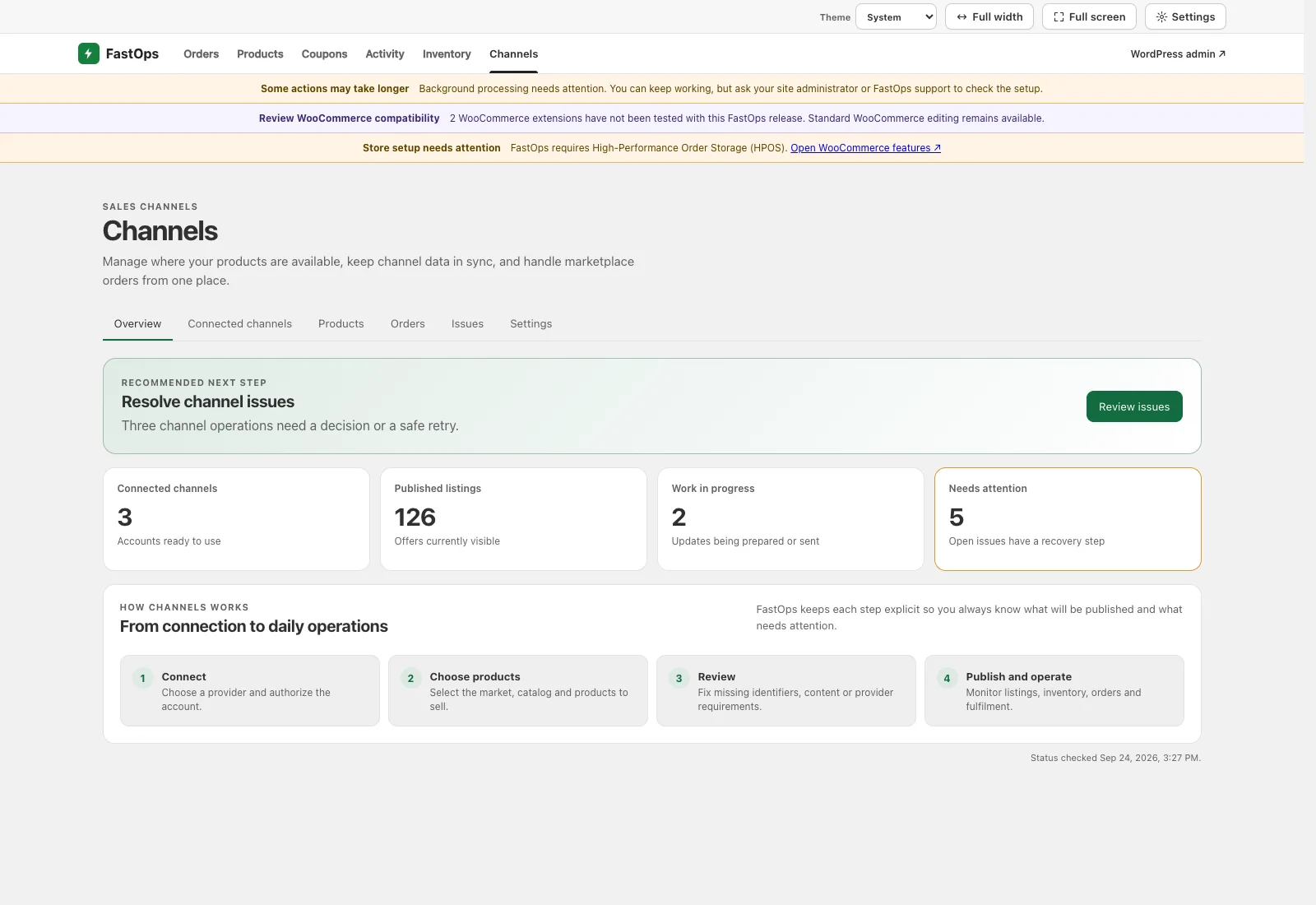 The FastOps Channels overview showing the recommended next step, channel totals and the four-stage workflow.