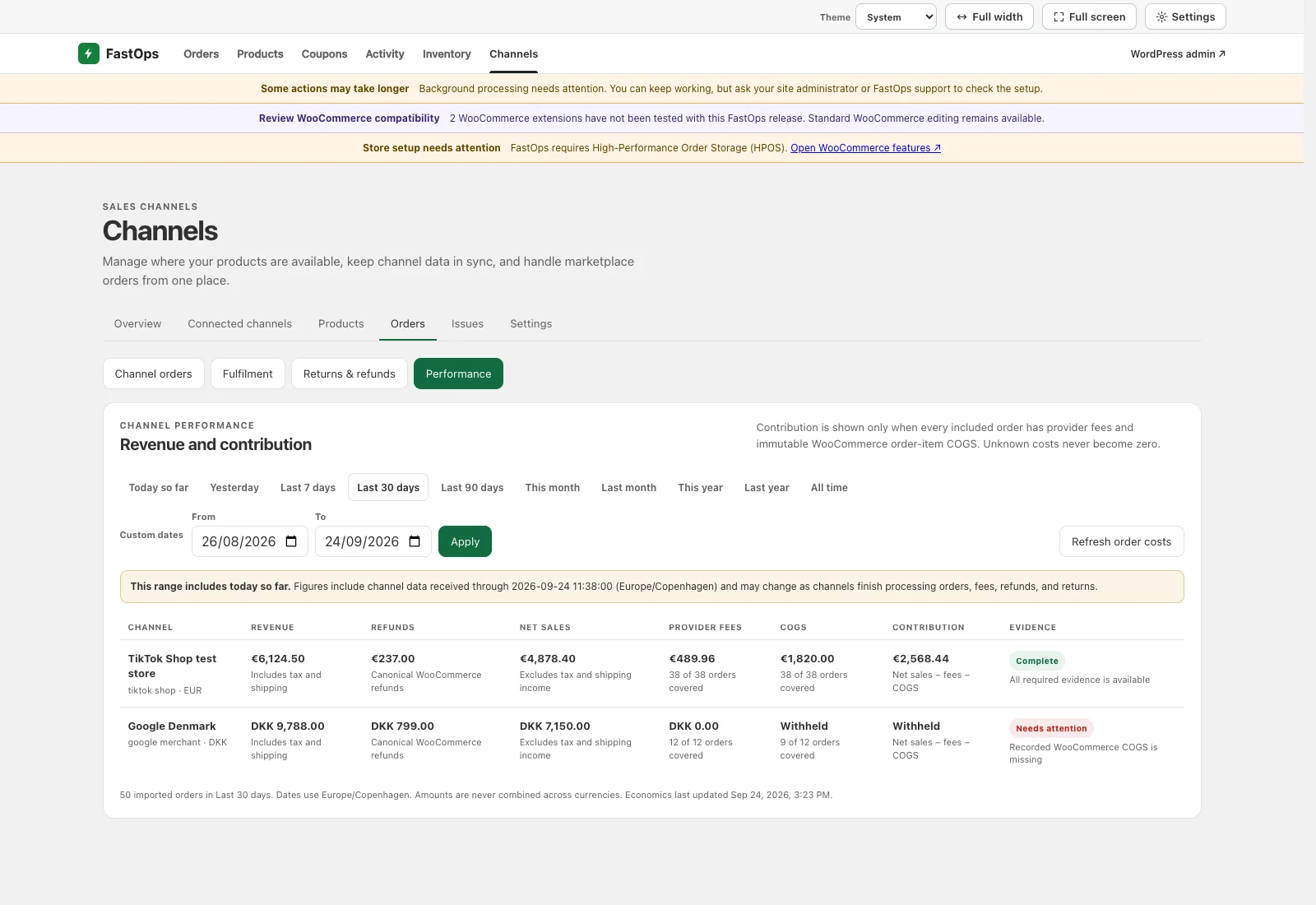 Channel performance with visible period presets, custom dates and currency-separated revenue, fees, cost and contribution.