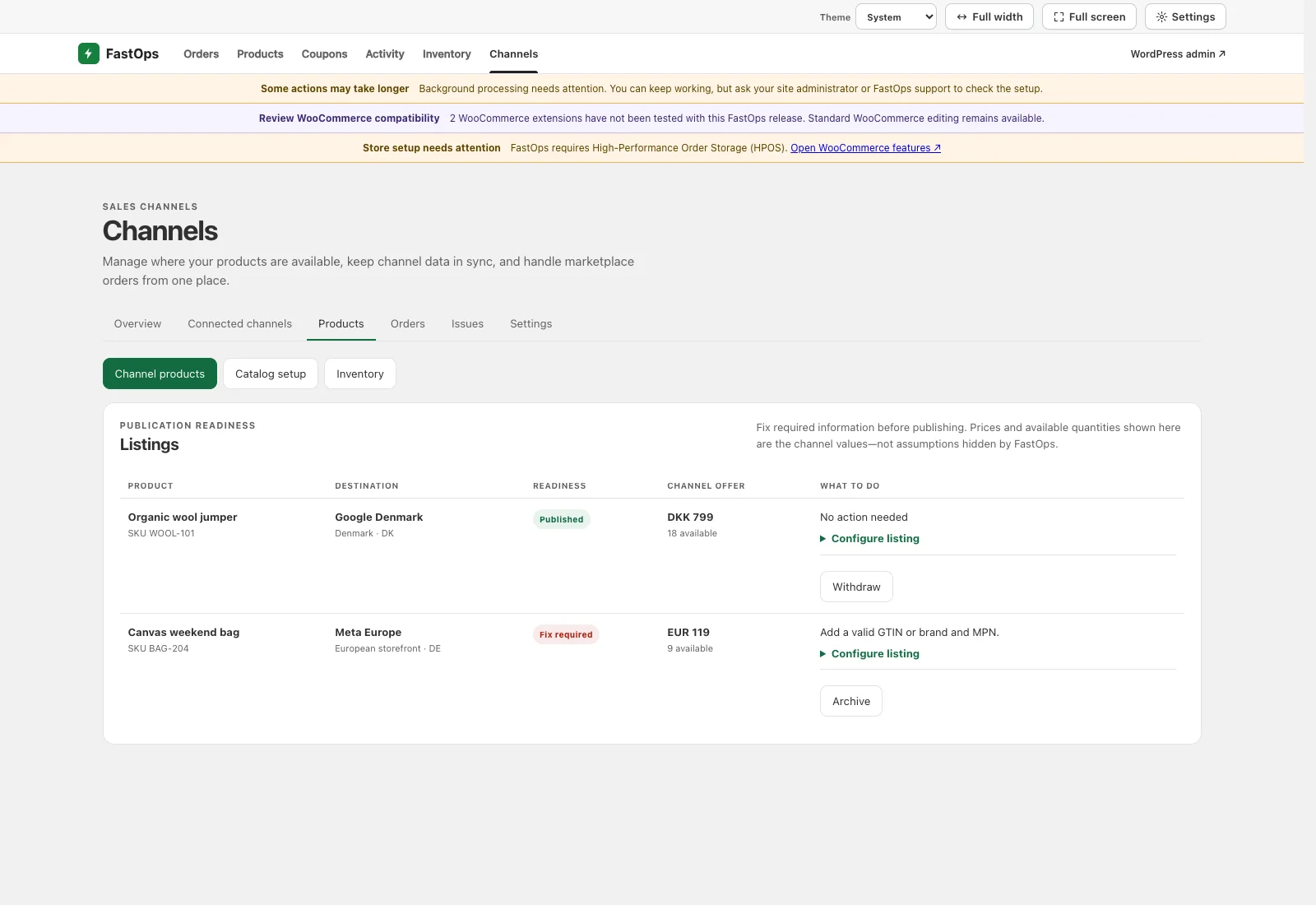 Channel product listings showing a published Google offer and a Meta offer that needs identifiers.