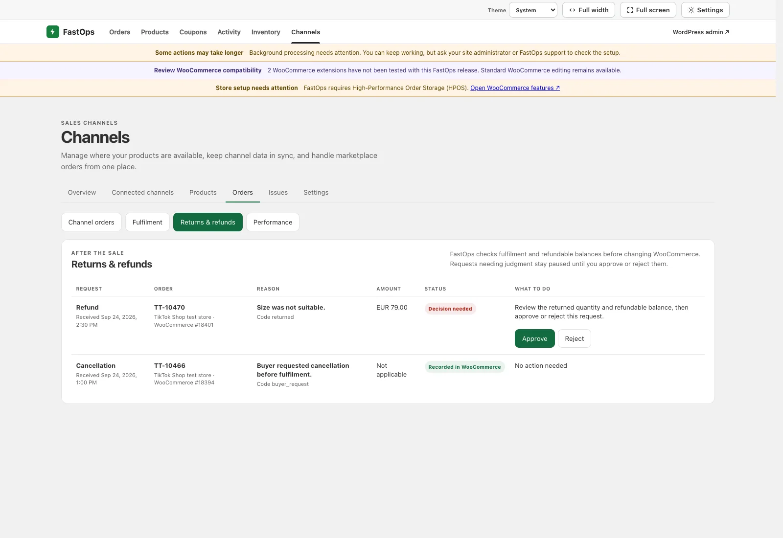 Returns and refunds showing a refund request awaiting a decision and a cancellation recorded in WooCommerce.