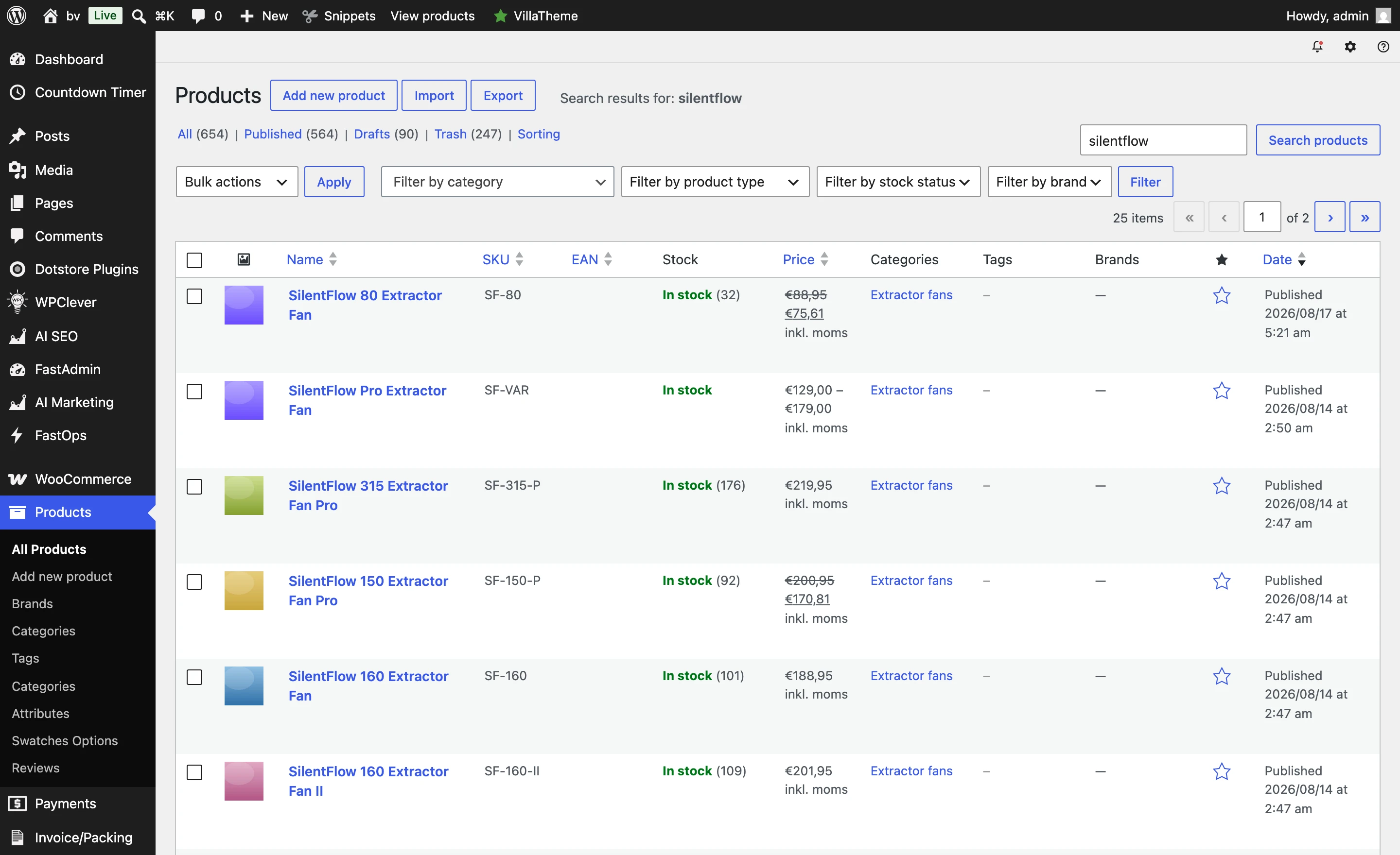 The classic WooCommerce products screen in wp-admin: a paged list with the WordPress sidebar and filter bar.