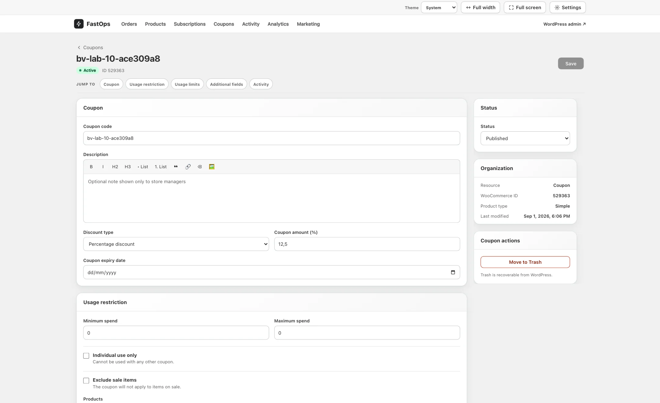 The coupon editor with the coupon code, description, discount type, amount and expiry date.