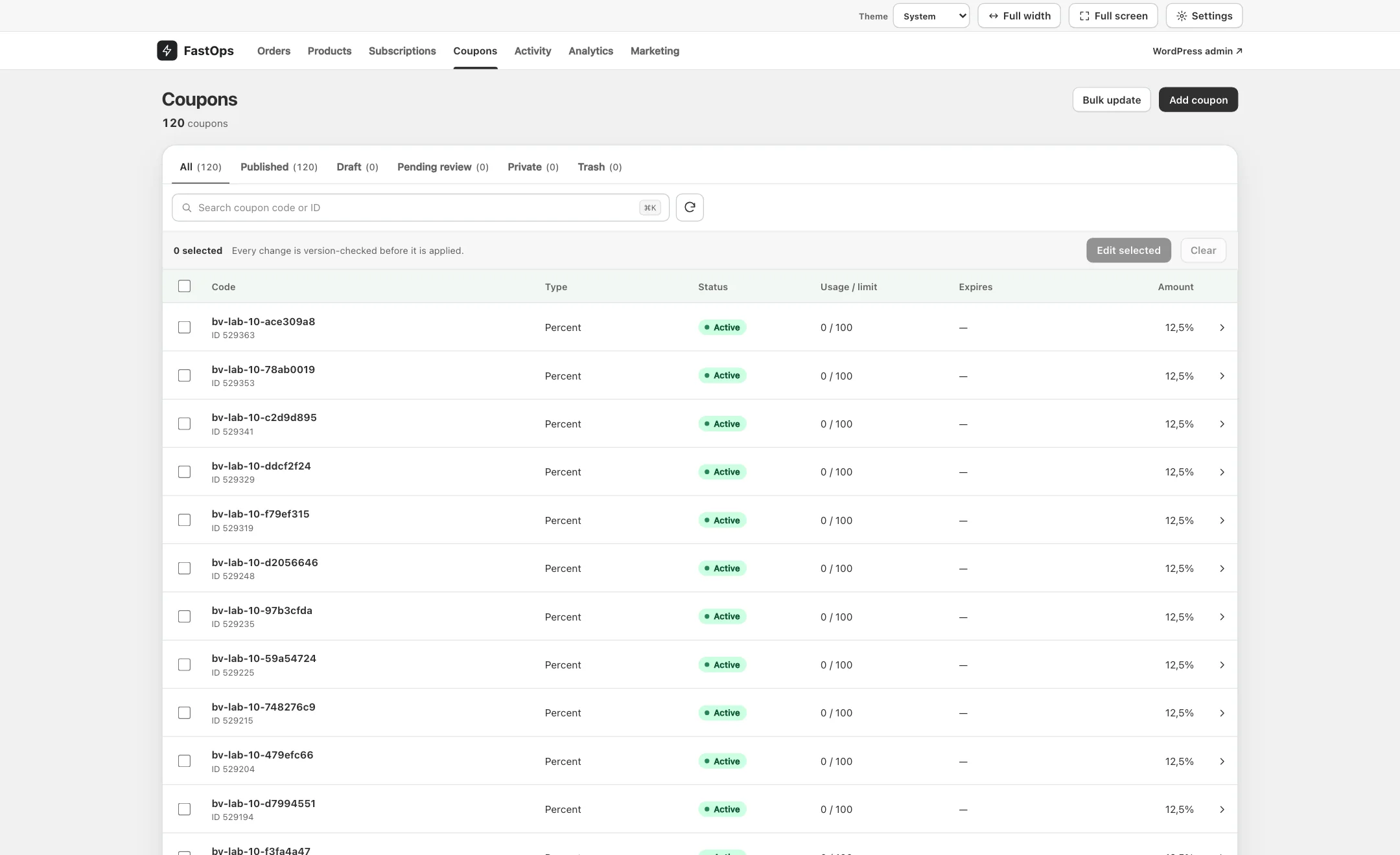 The coupon list with the code, type, status, usage, expiry and amount columns.