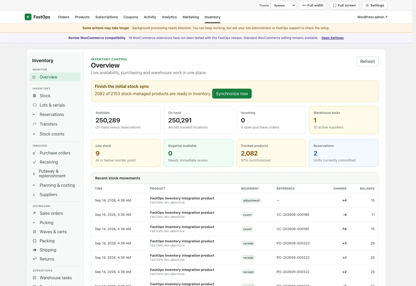 The FastOps Inventory overview with its workflow navigation, initial stock sync, availability cards and recent stock movements.