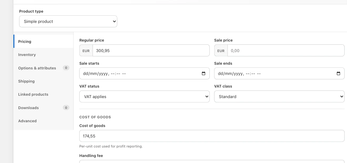 Close-up of the Product data card open on the Pricing tab.