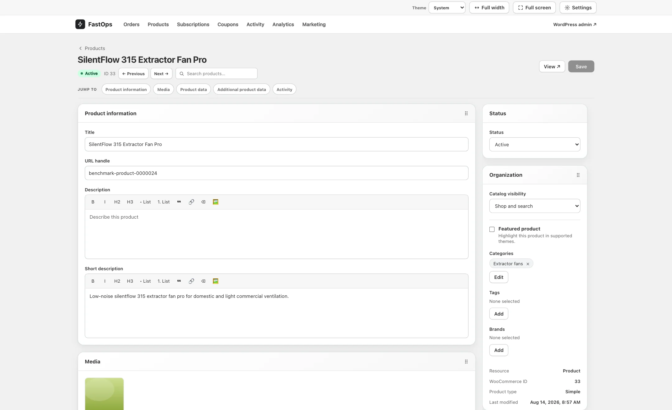The product editor open on Product information, with the Status and Organisation cards on the right.
