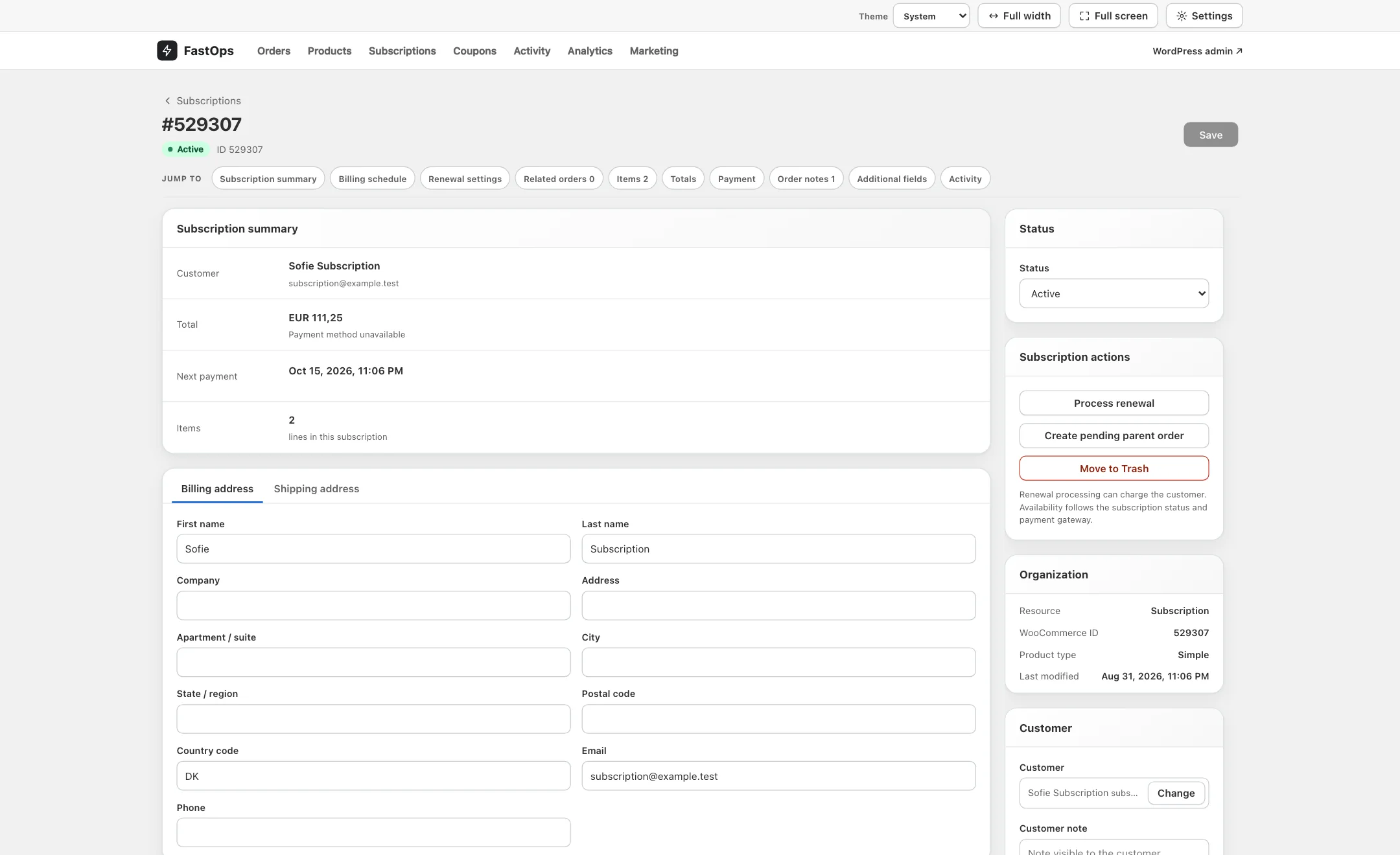 The subscription editor showing the summary, the billing address and the actions card.