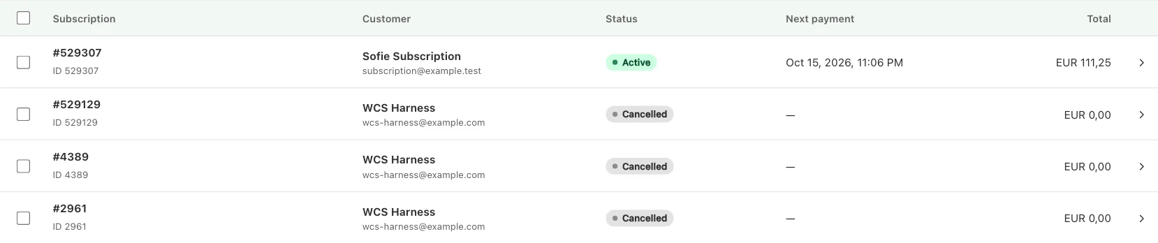 Close-up of subscription rows with active and cancelled statuses.