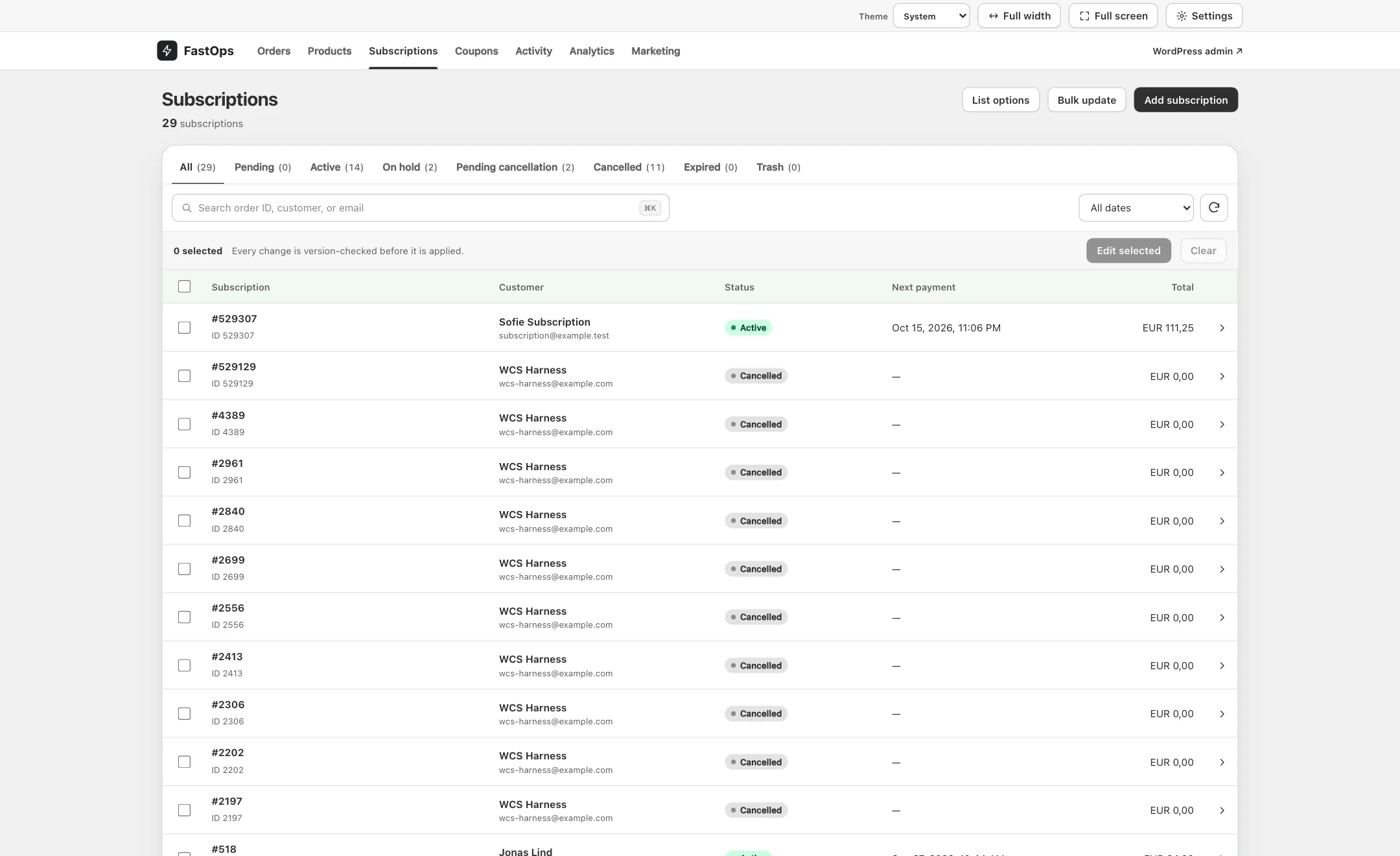 The subscription list showing an active and several cancelled subscriptions.